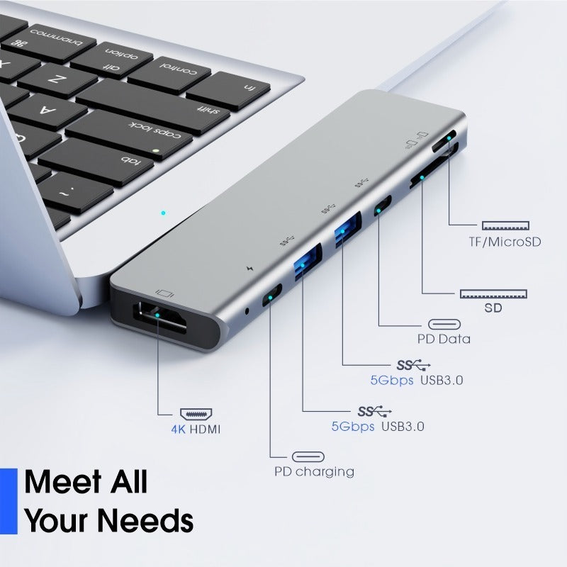 Adaptador USB-C 7 en 1 con  HDMI, Sd, USB 3.0 y PD para Macbook Pro