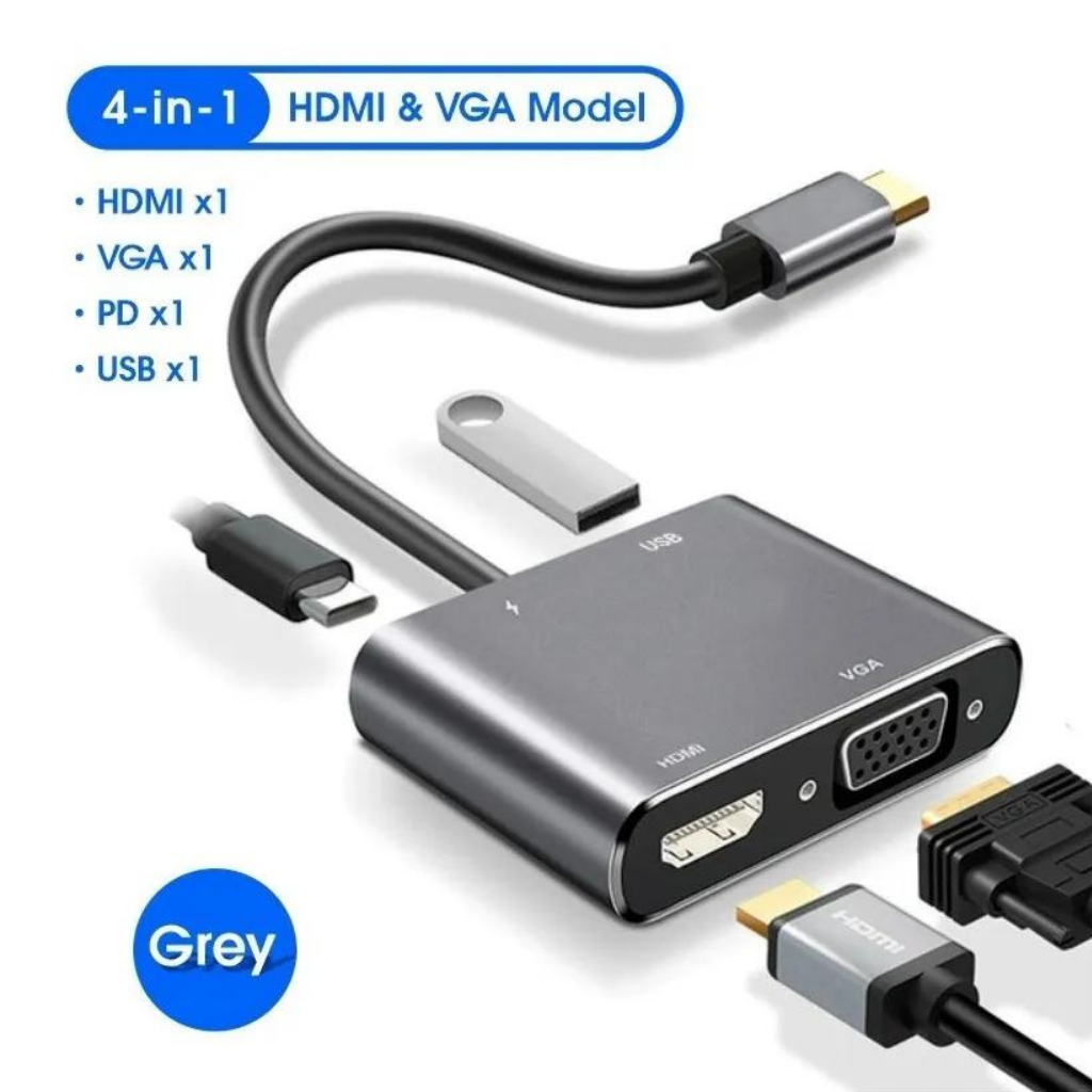 Hub Adaptador USB-C 4 En 1: Vga+hdmi+usb 3.0+usb-c Pd 4k Hd