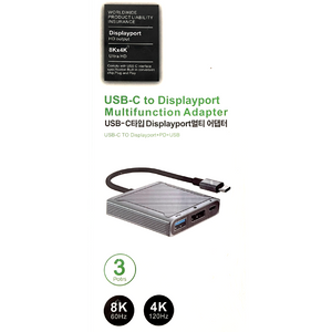 Adaptador 3x1 USB-C a Displayport 4k y 8k, USB-A y USB-C